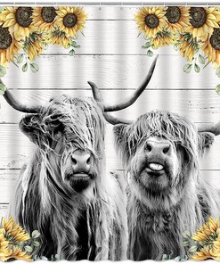 Country Rustic Sunflower Shower Curtain with Highland Cow and Wooden Barn Doorhorn Bull for Farmhouse Bathroom