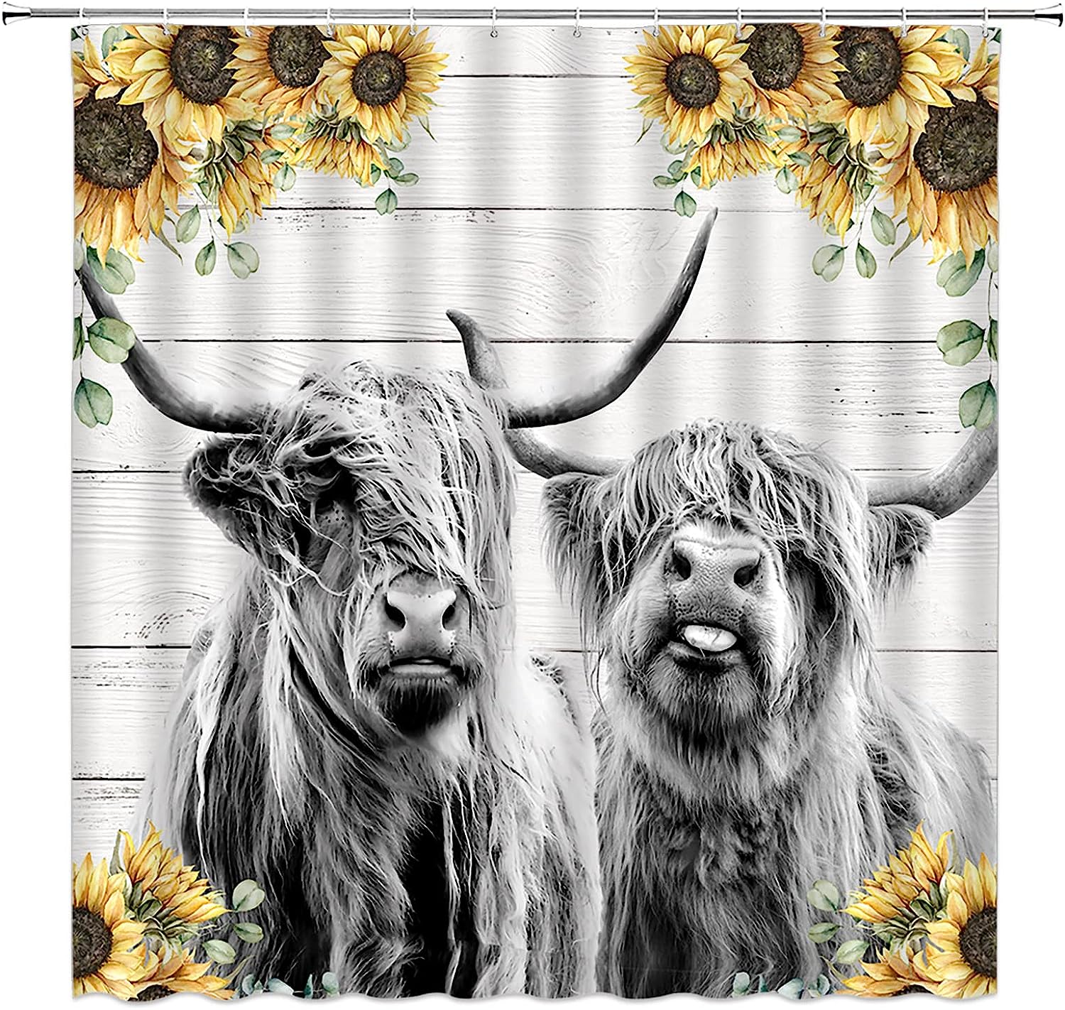 Country Rustic Sunflower Shower Curtain with Highland Cow and Wooden Barn Doorhorn Bull for Farmhouse Bathroom