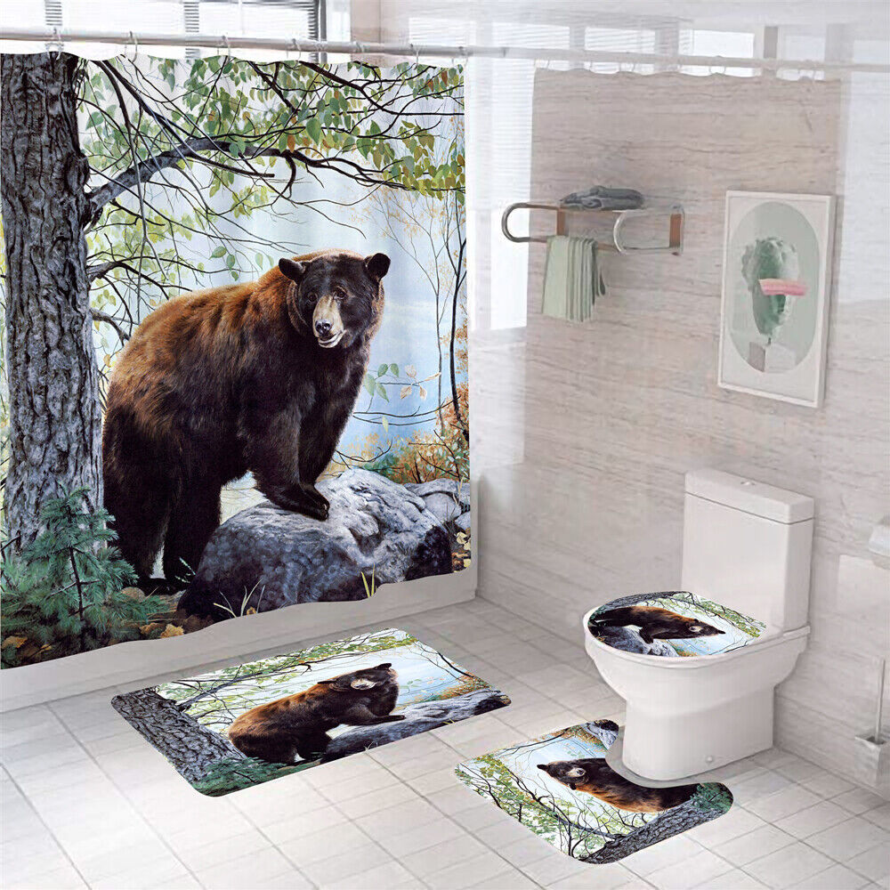 Country Style Rustic Lodge Bear Moose Bath Curtain Set, Perfect For Nature Lovers