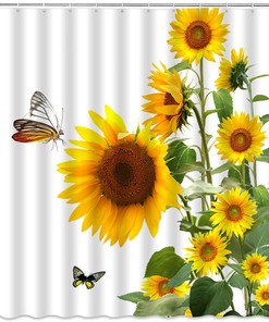 Country Style Sunflower Fields and Butterfly Shower Curtain for Rustic Farmhouse Bathroom Decor