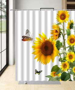 Country Style Sunflower Fields and Butterfly Shower Curtain for Rustic Farmhouse Bathroom Decor