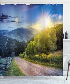 Countryside Shower Curtain With Moon And Sun View Print For A Bathroom With A Serene Ambience