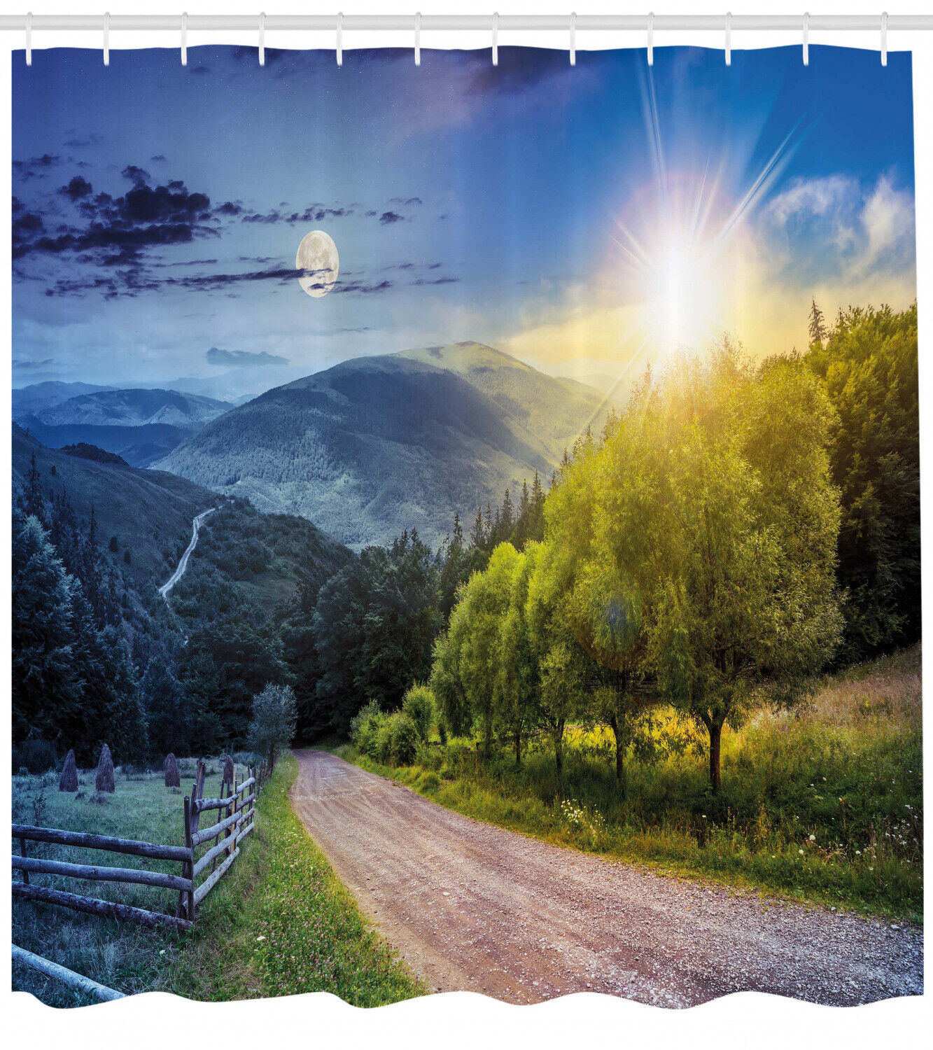 Countryside Shower Curtain With Moon And Sun View Print For A Bathroom With A Serene Ambience - Image 2