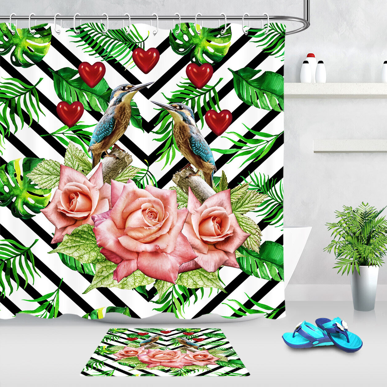 Couple Hummingbirds and Rose in Love Shower Curtain for Bathroom Decor LB