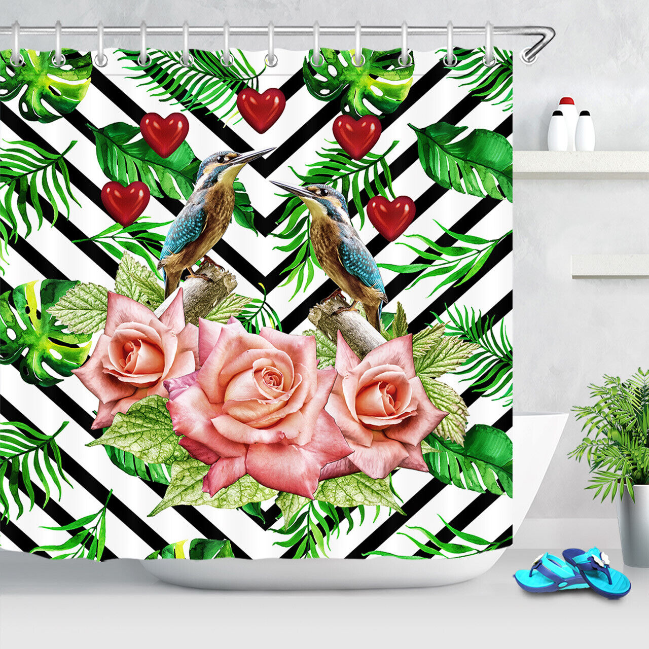 Couple Hummingbirds and Rose in Love Shower Curtain for Bathroom Decor LB