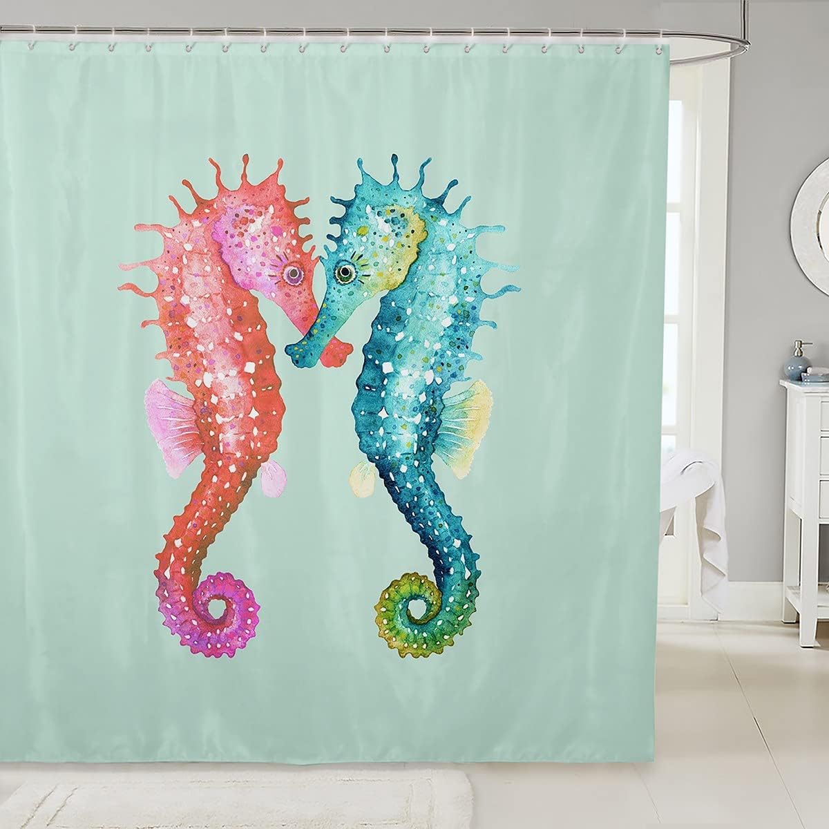 Couple Seahorse Shower Curtain - Waterproof Fabric With Decorative Pattern For Hanging Curtains