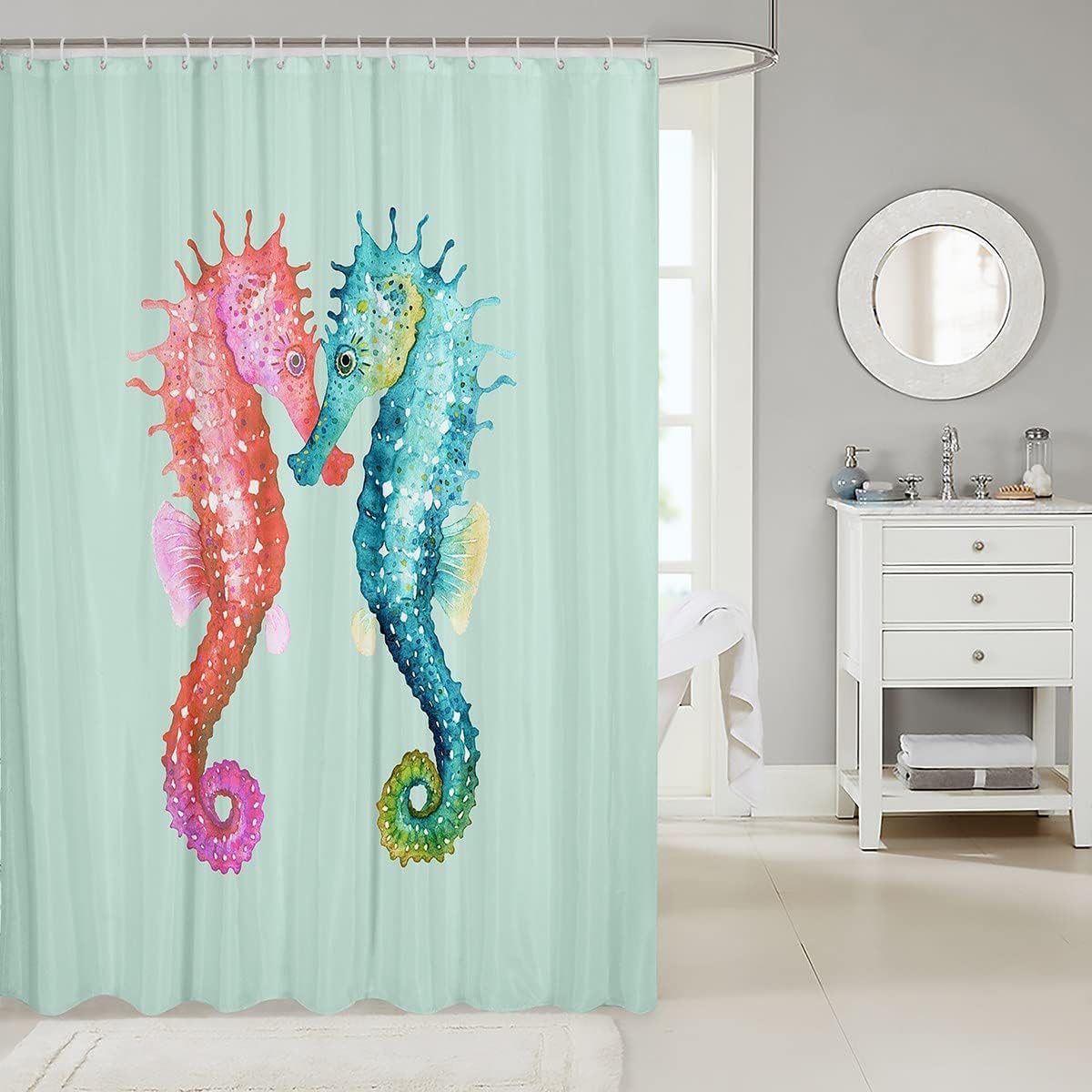 Couple Seahorse Shower Curtain - Waterproof Fabric With Decorative Pattern For Hanging Curtains - Image 2