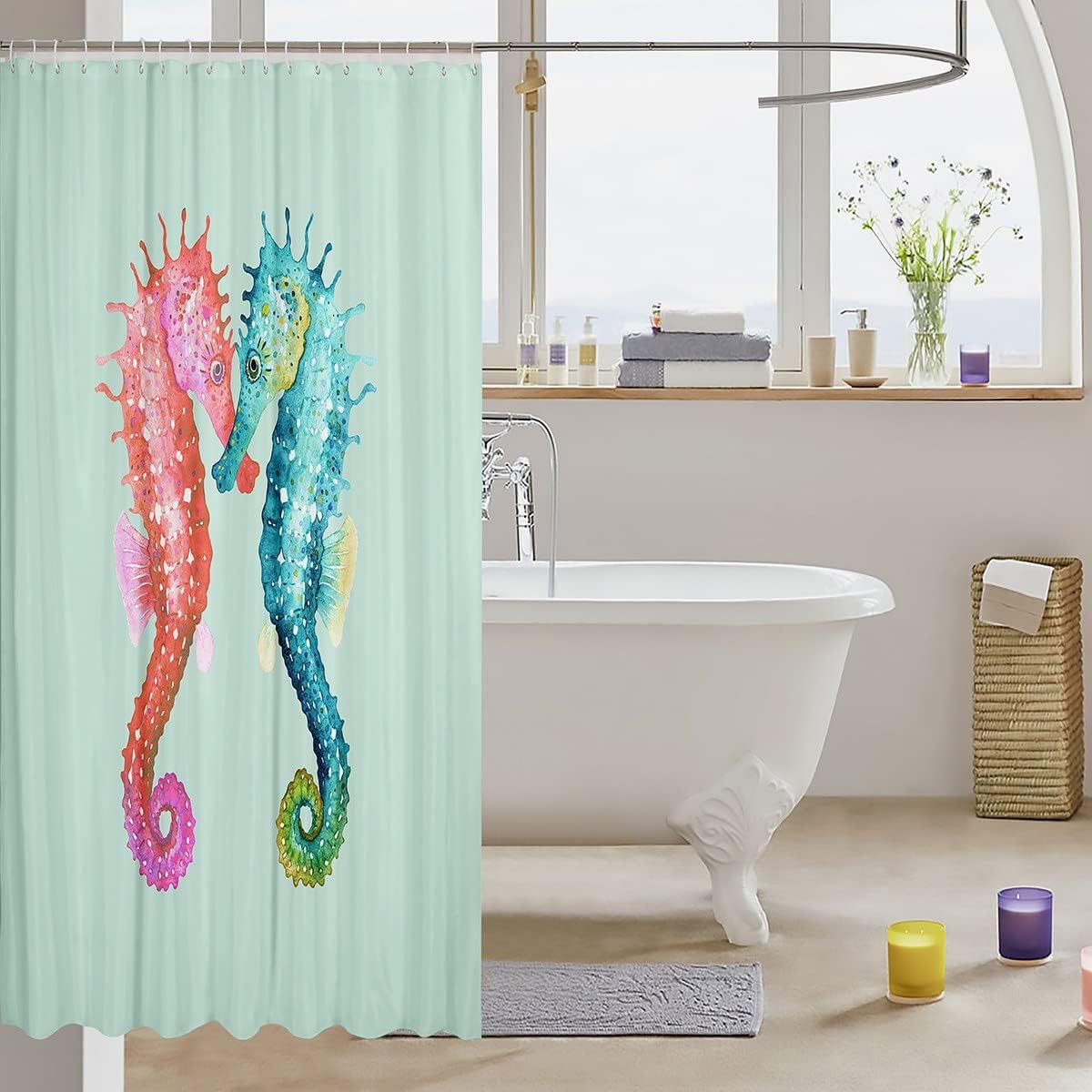Couple Seahorse Shower Curtain - Waterproof Fabric With Decorative Pattern For Hanging Curtains - Image 3