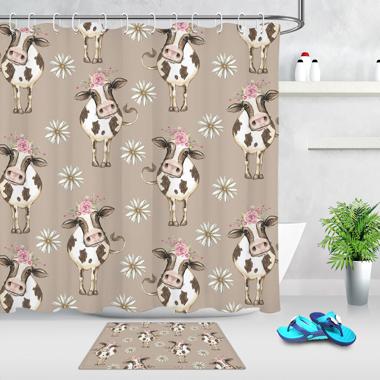 Cow Farm Animal Daisy Bloom Sunflower Shower Curtain - Rustic Vintage Bathroom Decor