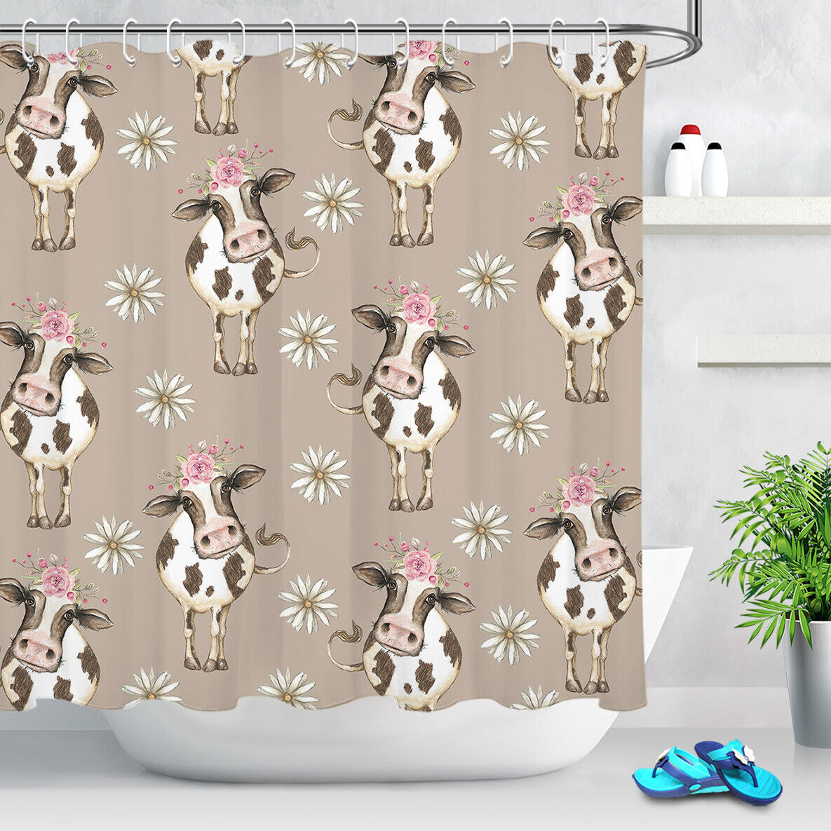 Cow Farm Animal Daisy Bloom Sunflower Shower Curtain - Rustic Vintage Bathroom Decor