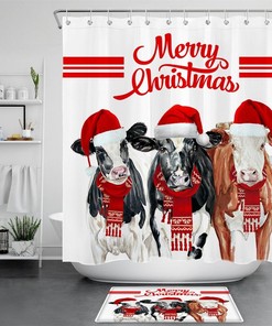 Cow Farm Animal Santa Hat Christmas Shower Curtain - Fun Festive Bathroom Decor