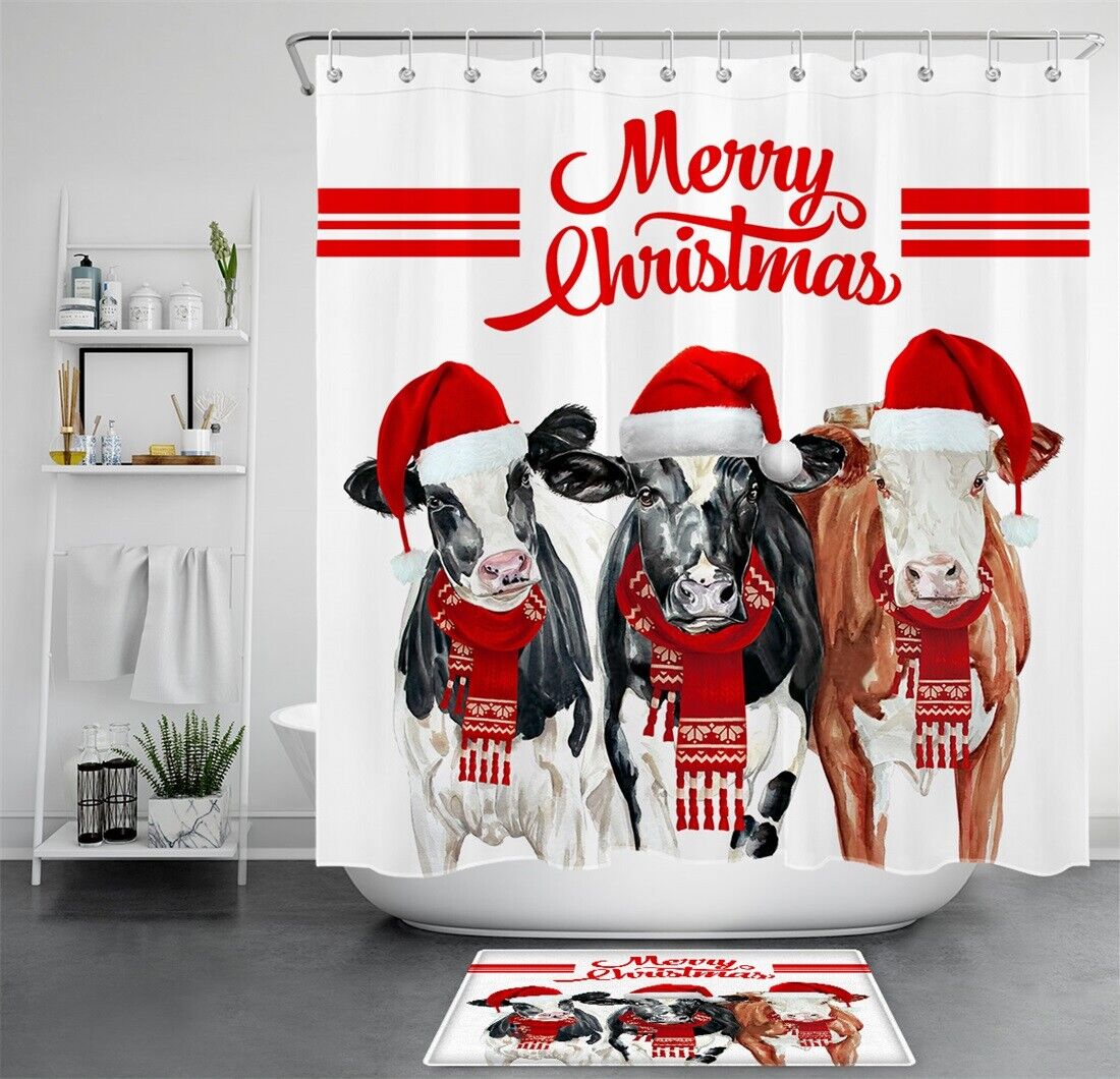 Cow Farm Animal Santa Hat Christmas Shower Curtain - Fun Festive Bathroom Decor