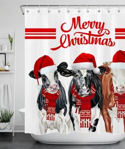 Cow Farm Animal Santa Hat Christmas Shower Curtain - Fun Festive Bathroom Decor