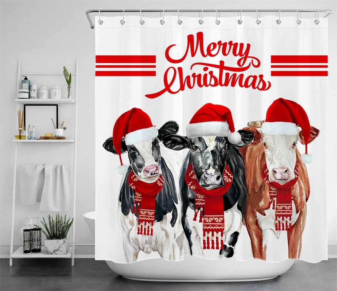 Cow Farm Animal Santa Hat Christmas Shower Curtain - Fun Festive Bathroom Decor