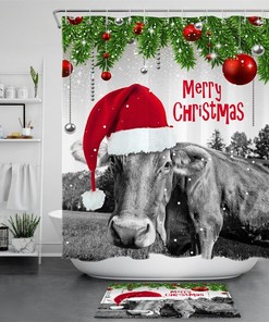 Cow Farm Animal Santa Hat Christmas Shower Curtain - Rustic Farmhouse Bath Decor