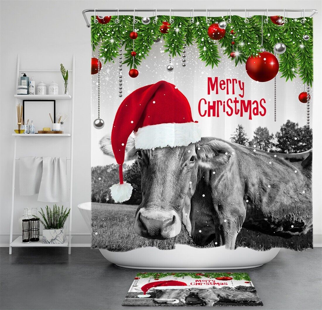 Cow Farm Animal Santa Hat Christmas Shower Curtain - Rustic Farmhouse Bath Decor