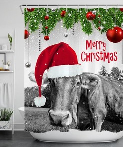 Cow Farm Animal Santa Hat Christmas Shower Curtain - Rustic Farmhouse Bath Decor