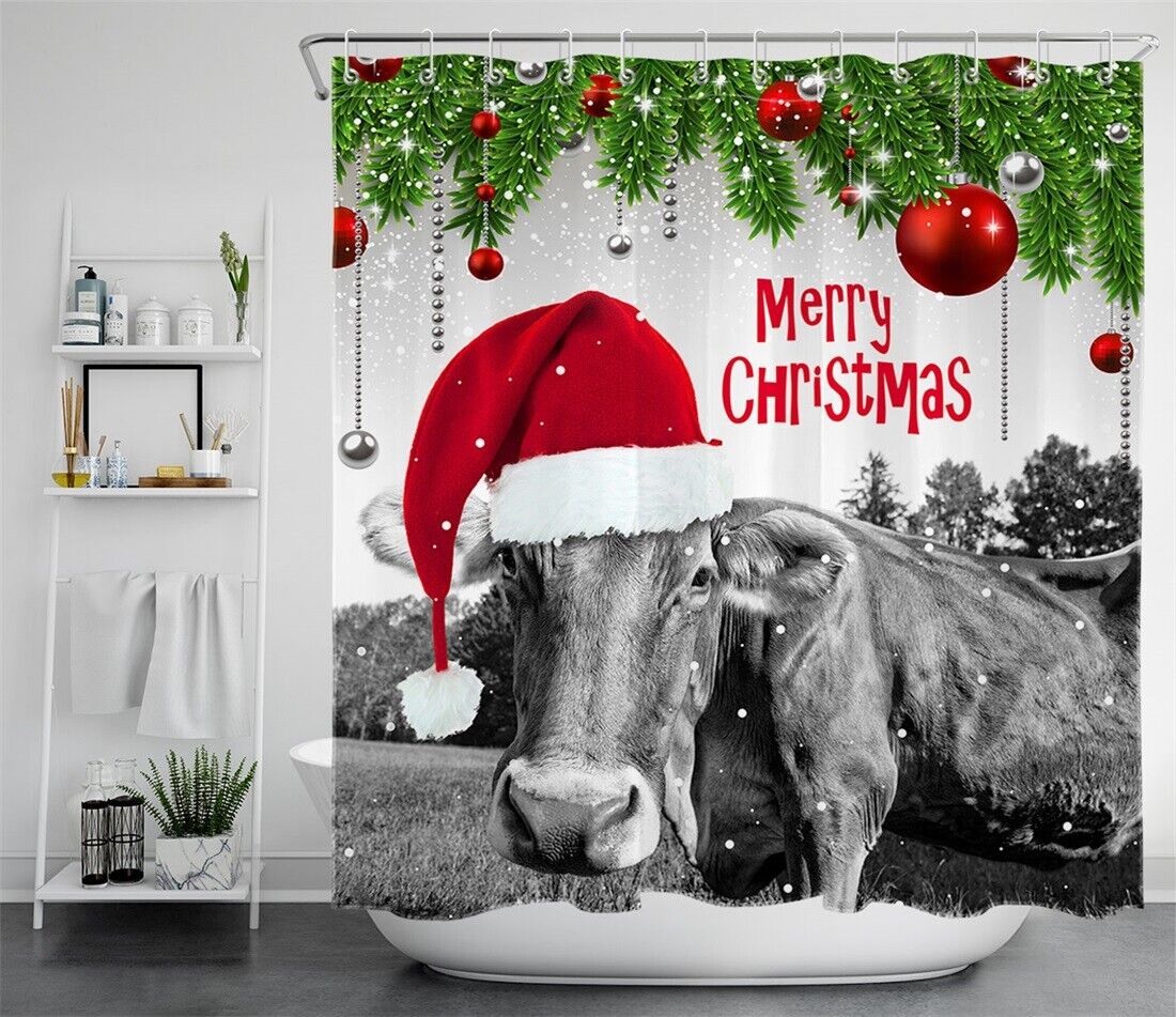 Cow Farm Animal Santa Hat Christmas Shower Curtain - Rustic Farmhouse Bath Decor