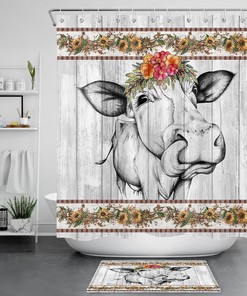 Cow Farm Animal Sunflower Wood Plank Shower Curtain - Farmhouse Decor For Bathroom