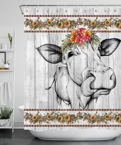 Cow Farm Animal Sunflower Wood Plank Shower Curtain - Farmhouse Decor For Bathroom
