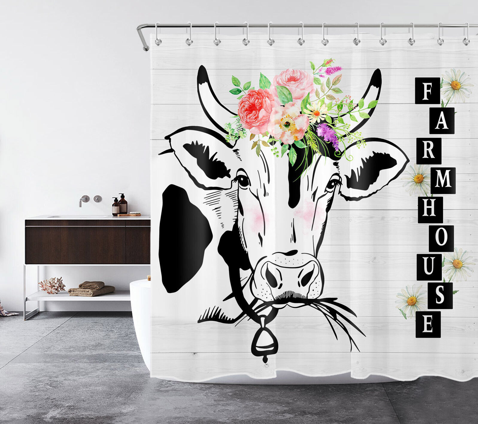 Cow Farmhouse Flower Daisy Shower Curtain For Bathroom
