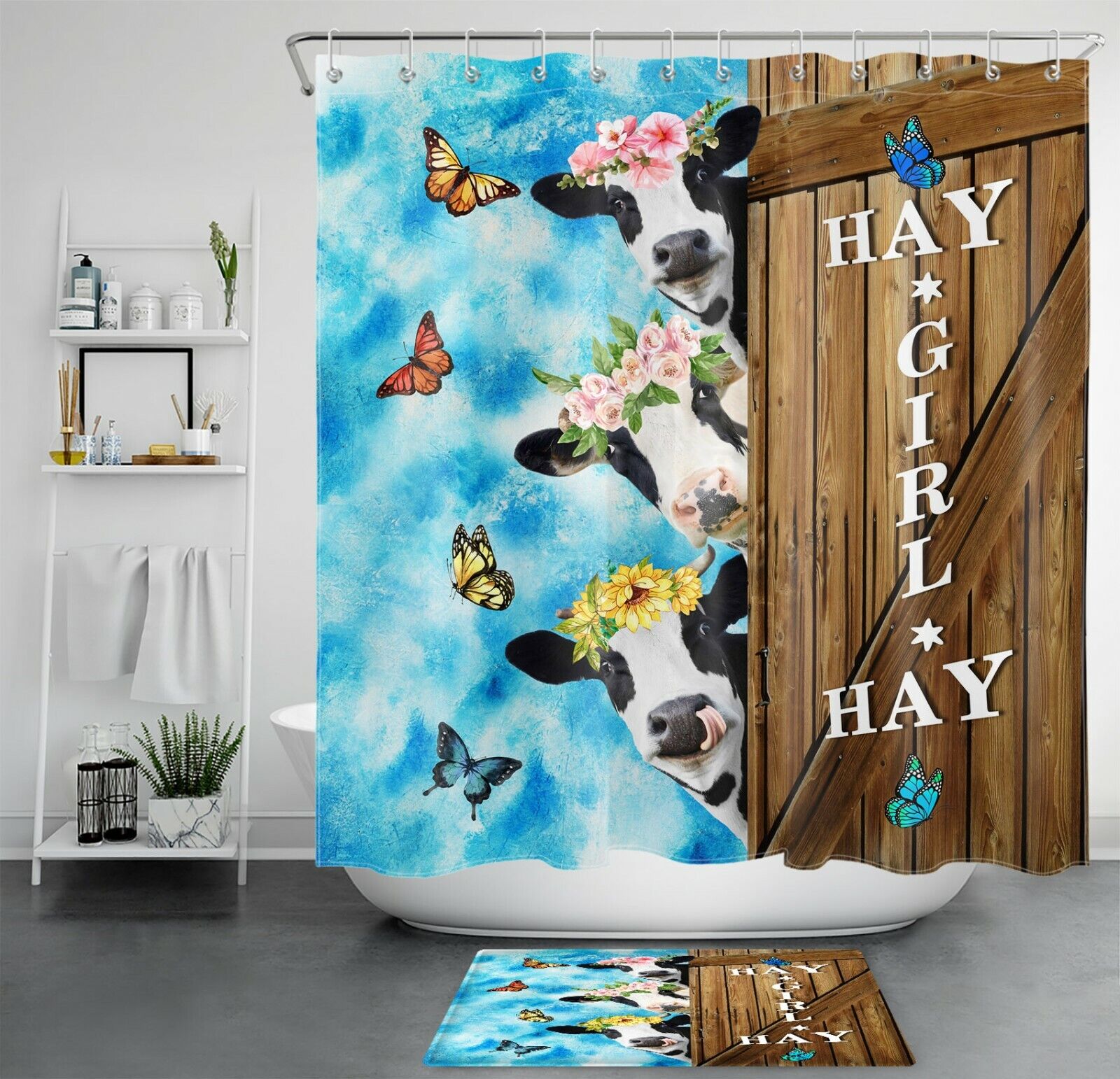 Cow, Flowers, And Funny Words Blue Shower Curtain For Bathroom Accessories