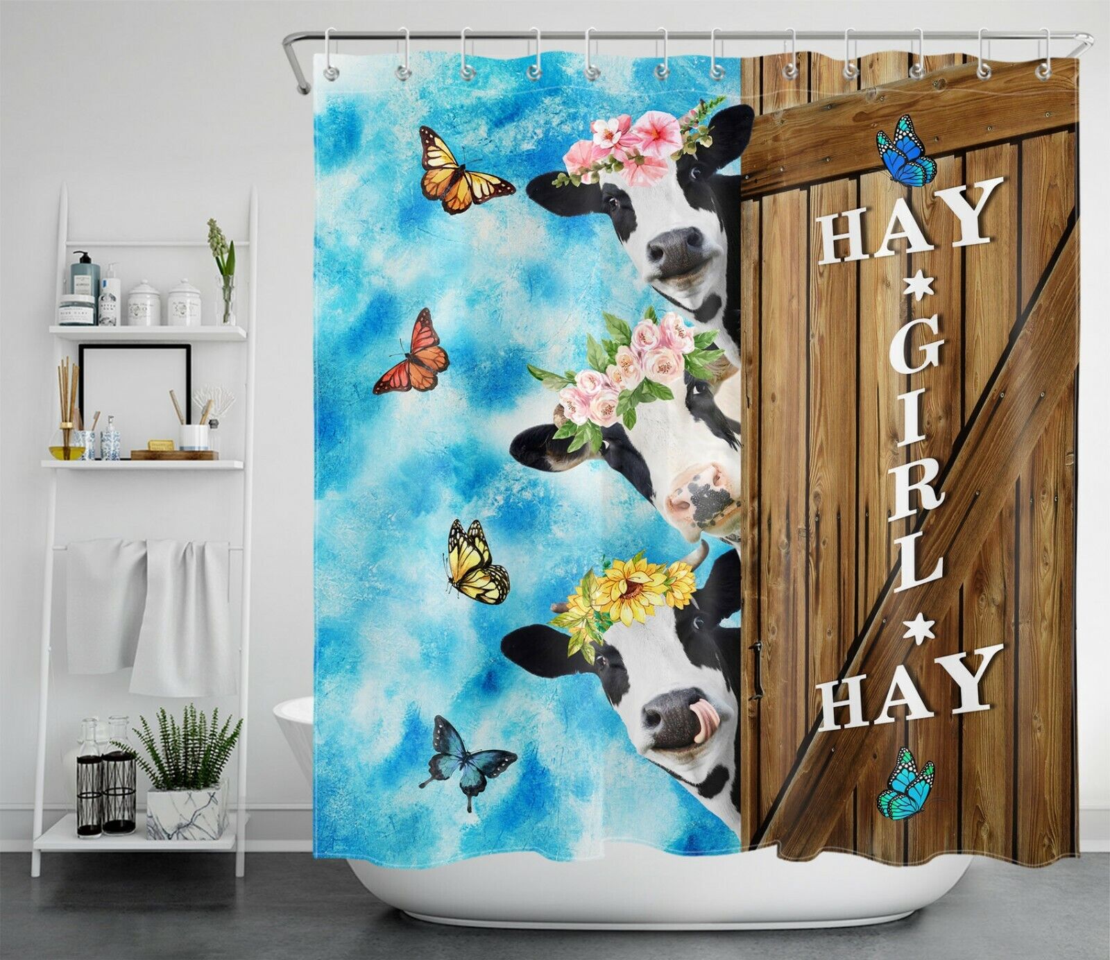 Cow, Flowers, And Funny Words Blue Shower Curtain For Bathroom Accessories