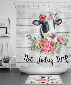 Cow Heifer Shower Curtain With Flower - Funny Bathroom Decor With Farmhouse Touch