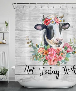 Cow Heifer Shower Curtain With Flower - Funny Bathroom Decor With Farmhouse Touch