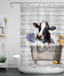 Cow Lavender Shower Curtain With Planks - Cute Fun Rustic Bathroom Accessory