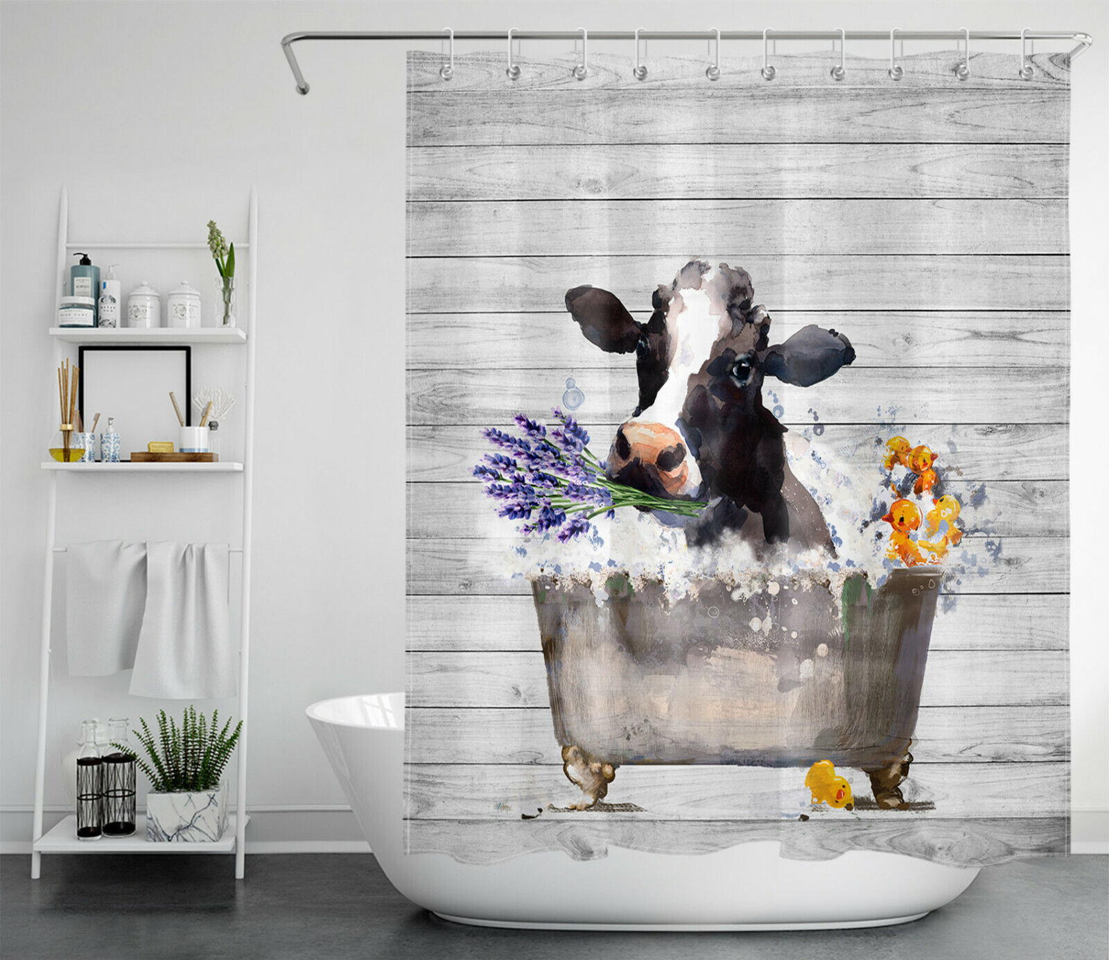 Cow Lavender Shower Curtain With Planks - Cute Fun Rustic Bathroom Accessory