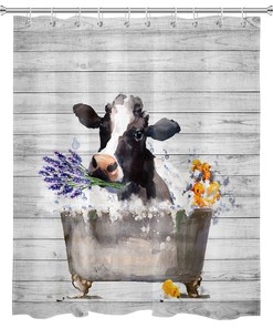 Cow Lavender Shower Curtain With Planks - Cute Fun Rustic Bathroom Accessory