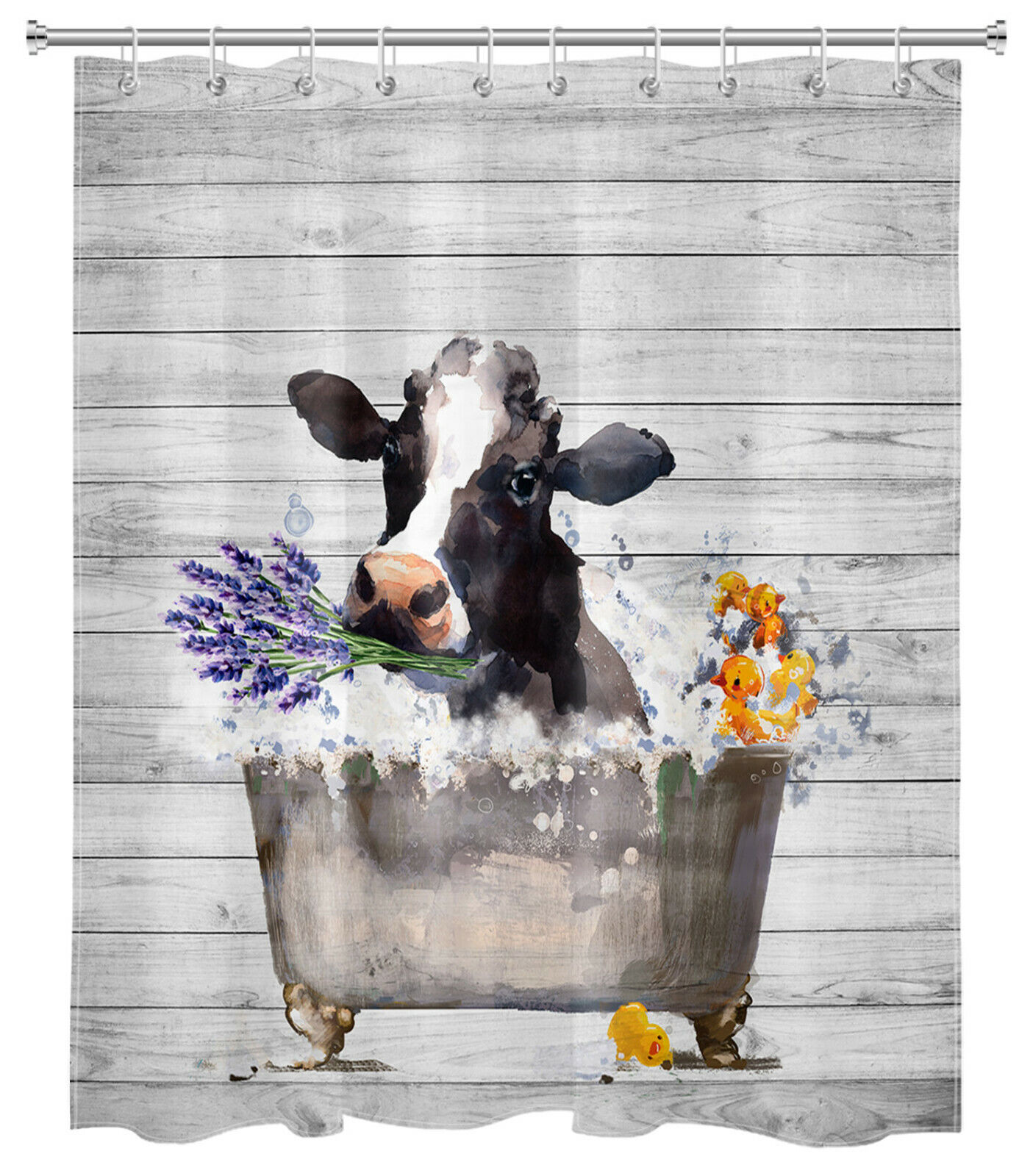 Cow Lavender Shower Curtain With Planks - Cute Fun Rustic Bathroom Accessory