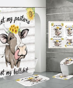 Cow Letter Bath Waterproof Shower Curtain With No-Slip Mat And Lid Set - Fun Bathroom Decor