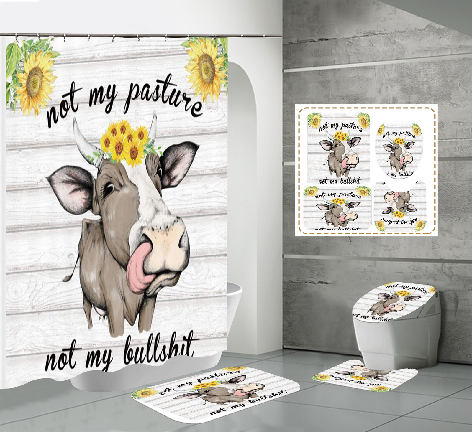 Cow Letter Bath Waterproof Shower Curtain With No-Slip Mat And Lid Set - Fun Bathroom Decor
