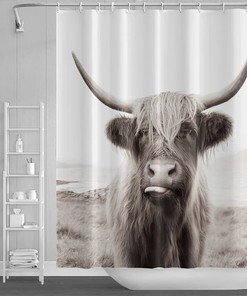 Cow Portrait Shower Curtain - Western Wildlife Farmhouse Bathroom Decor With Funny Sketch Modern Prints