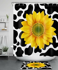 Cow Print Backdrop Sunflower Yellow Flower Waterproof Fabric Shower Curtain - Ideal For Your Cow