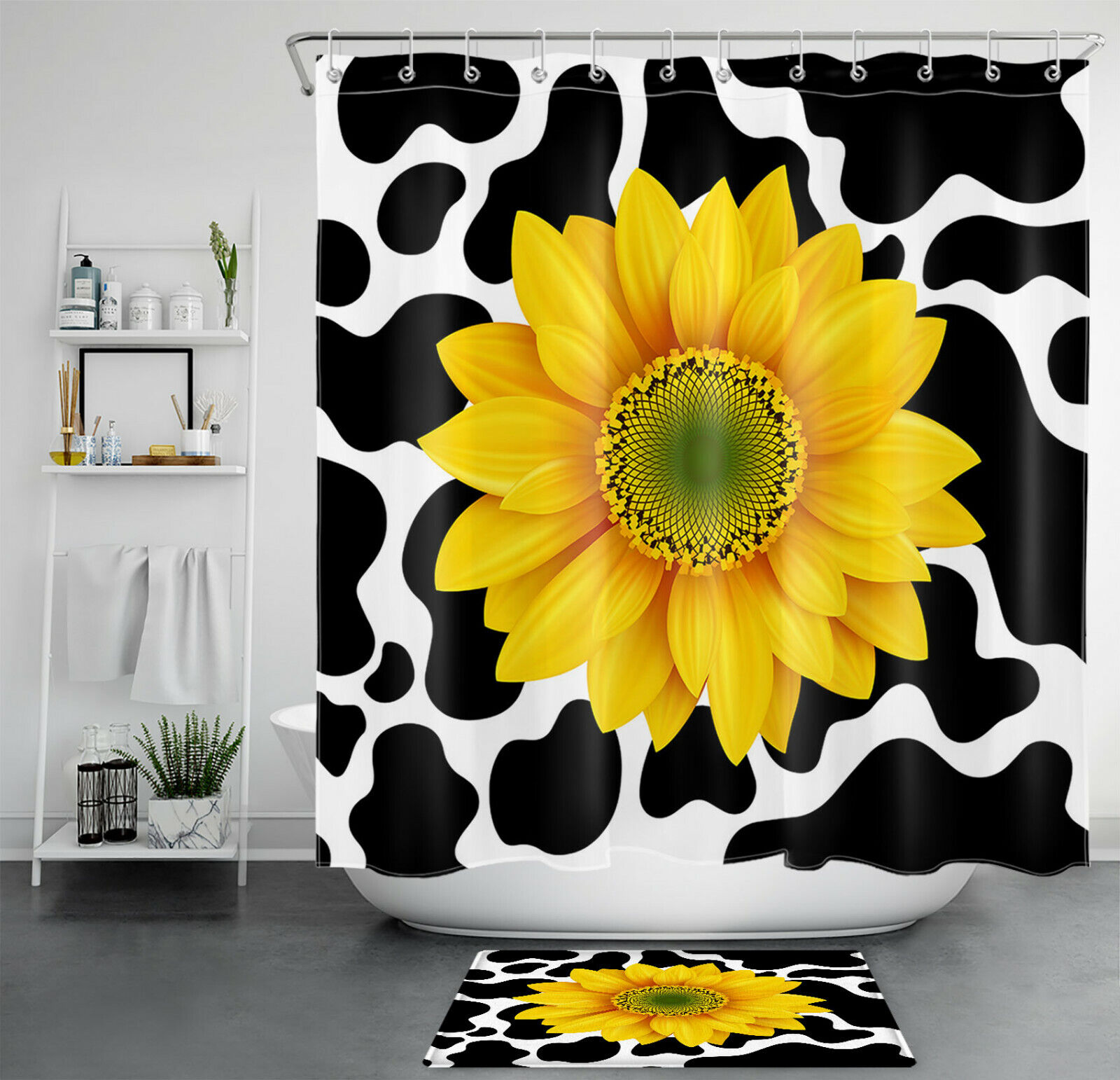 Cow Print Backdrop Sunflower Yellow Flower Waterproof Fabric Shower Curtain - Ideal For Your Cow