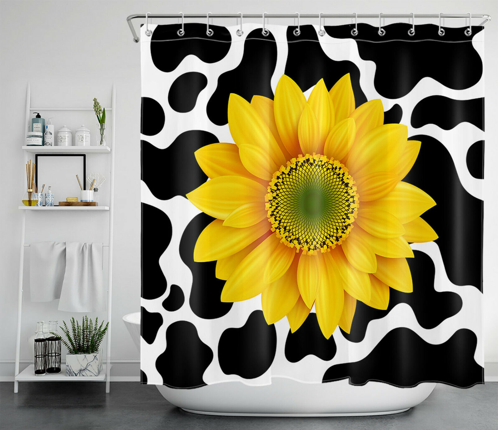 Cow Print Backdrop Sunflower Yellow Flower Waterproof Fabric Shower Curtain - Ideal For Your Cow - Image 2