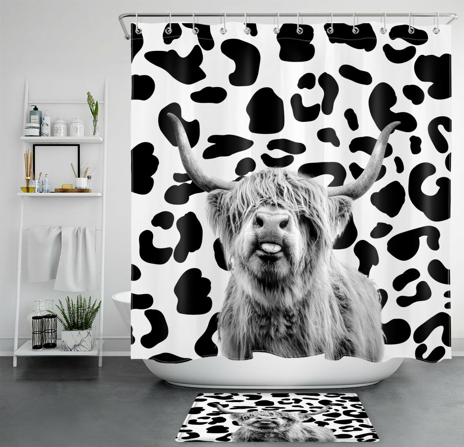 Cow Printed Background Highland Shower Curtain For Bathroom Accessories