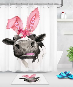 Cow, Rabbit Ears And Flowers Shower Curtain - Funny Waterproof Fabric