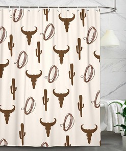 Cow Skull Boho Vintage Shower Curtain with Cactus Farmhouse Country Theme