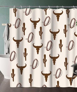 Cow Skull Boho Vintage Shower Curtain with Cactus Farmhouse Country Theme