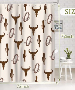 Cow Skull Boho Vintage Shower Curtain with Cactus Farmhouse Country Theme