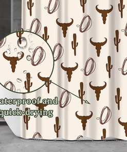 Cow Skull Boho Vintage Shower Curtain with Cactus Farmhouse Country Theme