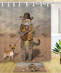 Cowboy Cat And Chihuahua Dog Fabric Shower Curtain - Funny And Amusing Animal For Bathroom Decor