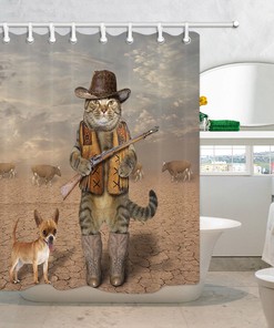 Cowboy Cat And Chihuahua Dog Fabric Shower Curtain - Funny And Amusing Animal For Bathroom Decor
