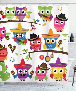 Cowboy Cowgirl Owls Shower Curtain, Hats Guitars Cactus Themed Art Print, Cloth Bathroom Decor