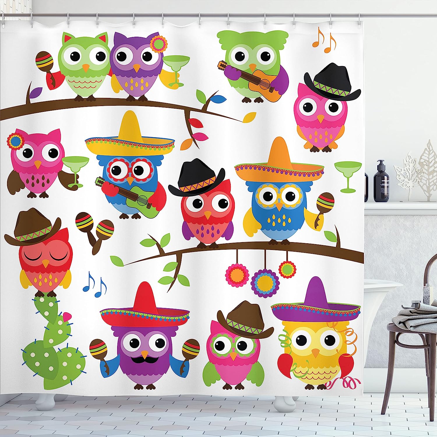 Cowboy Cowgirl Owls Shower Curtain, Hats Guitars Cactus Themed Art Print, Cloth Bathroom Decor