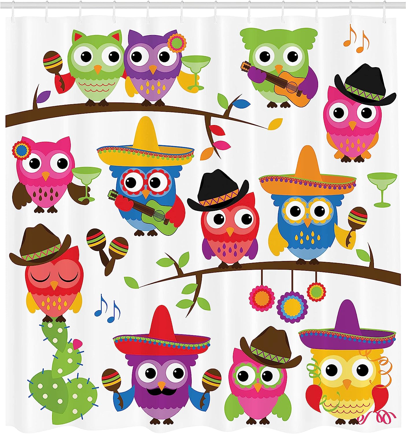 Cowboy Cowgirl Owls Shower Curtain, Hats Guitars Cactus Themed Art Print, Cloth Bathroom Decor - Image 2